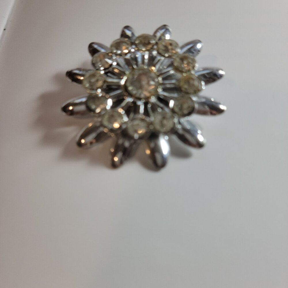 Rhodium Plated Brooch with Clear Rhinestones Amazing Beautiful 1 1/2" diam